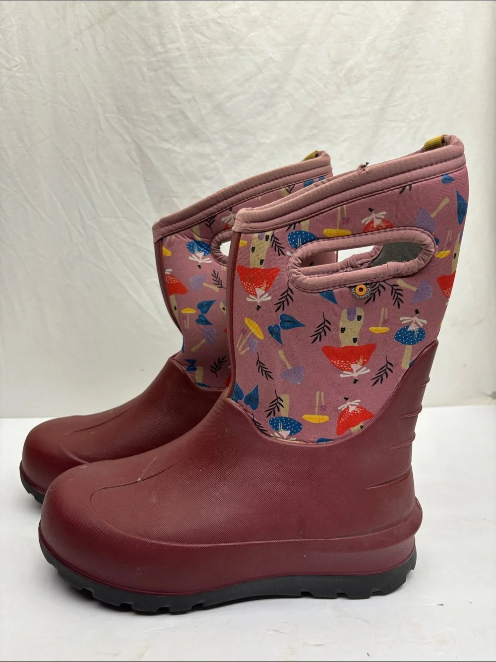 Bogs Kids Waterproof Maroon Pink Mushroom Print Rain Boots, SZ 5 big girl